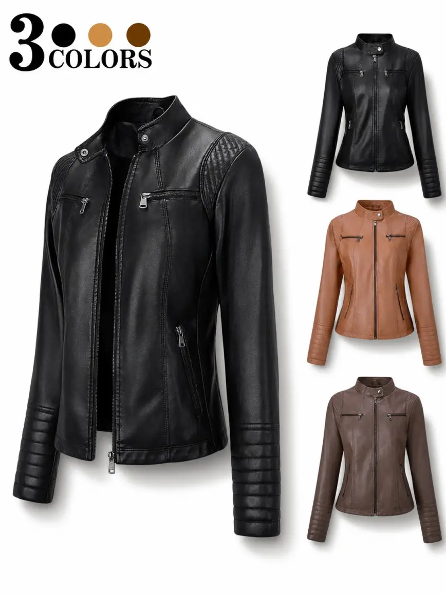 Women’s stand collar leather jacket, zip-up biker outerwear, solid-color stand collar zip-up top, fashionable slim-fit leather jacket, suitable for city commuting and pairing with biker jackets, featuring a trendy avant-garde design, ideal for street phot