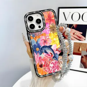 Dolphin Pattern Bling Glitter Phone Case with Sparkle Rhinestone Diamond, Airbag Anti-Fall Crystal Cover for iPhone 16 15 14 13 12 Pro Max Plus Flaunt