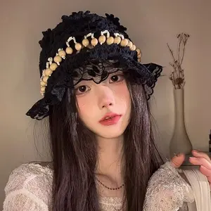 French retro lace beaded fisherman's hat, handmade crochet openwork breathable sun hat, Mori girl style bucket hat.