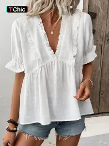Women's Floral Print Puff Sleeve Ruffle Trim Blouse, Casual V Neck Top for Summer, Women's Clothing for Daily Wear, Shirts, Womenswear