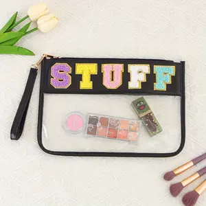 Vibrant Chenille Lettering Clear PVC Zipper Makeup Bag - Playful "STUFF" Design Travel Cosmetic Organizer, Durable College Style Toiletry Pouch for Essentials, Makeup Brushes & Lipsticks, Small Cosmetic Bag, Playful Design, Translucent Material