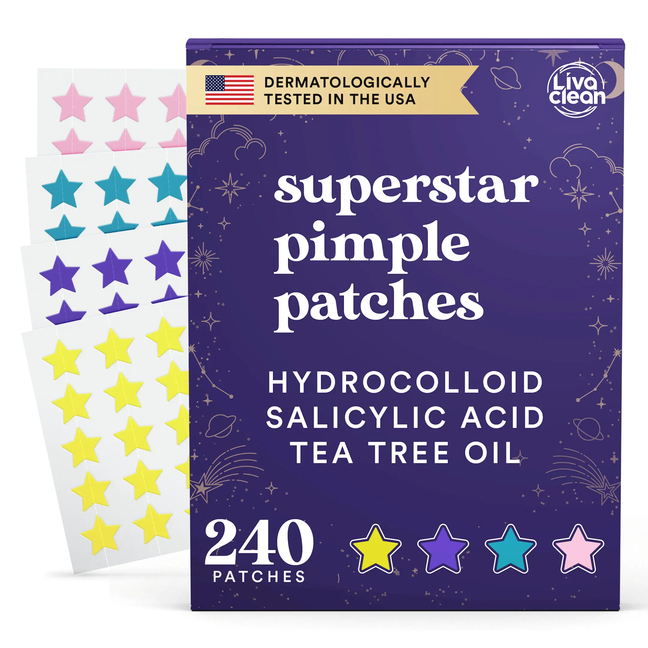 LivaClean Superstar Pimple Patches 240 CT with Hydrocolloid Salicylic Acid & Tea Tree Oil for Mark-Free Blemish Treatment