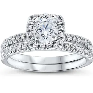 5/8 Ct Lab Grown Diamond Cushion Halo Engagement Wedding Ring Set White Gold EX3