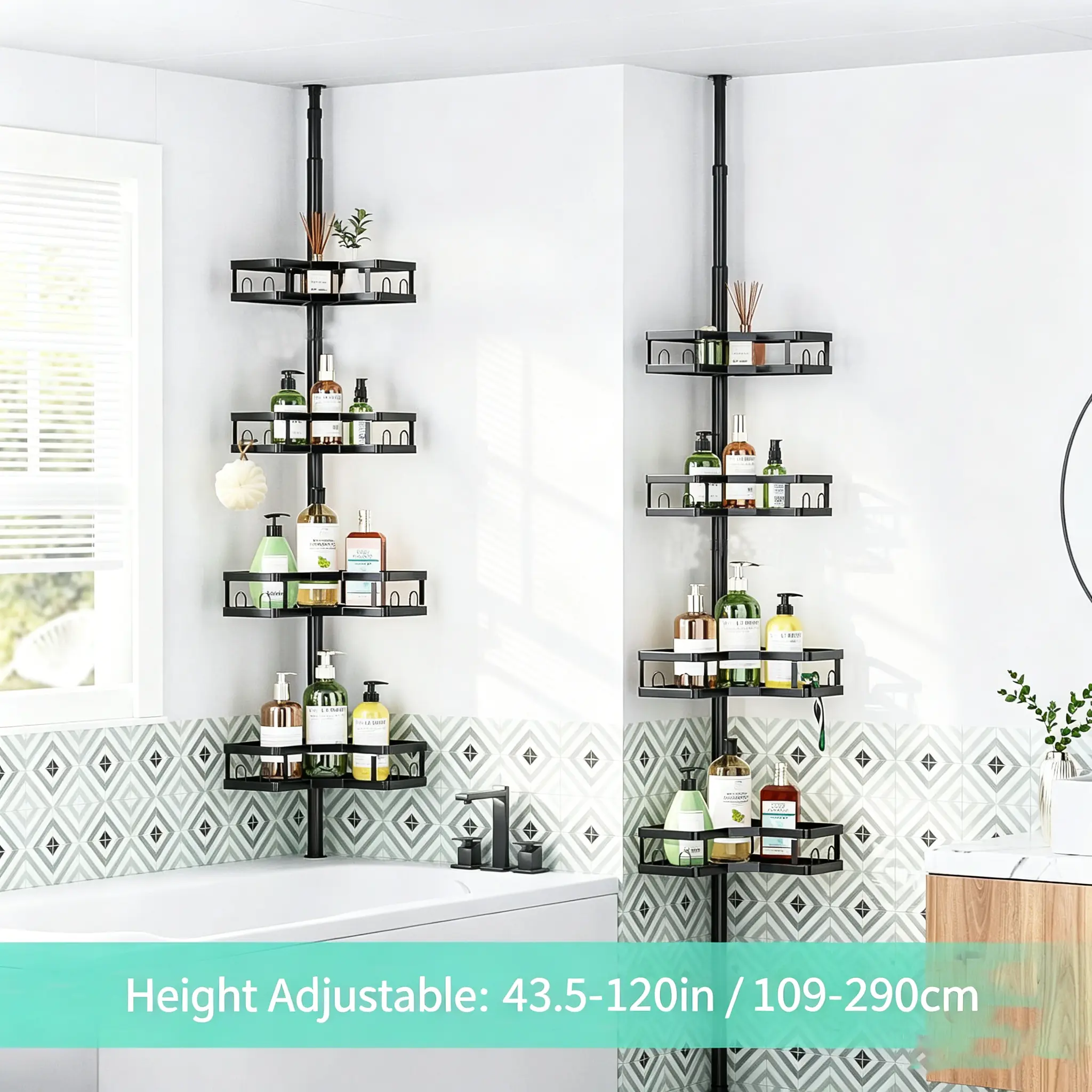4-Tier Stainless Steel Corner Bathtub Shower Tension Rod Storage Rack - Resistance-Coated to Slow Rust, Movable Adjustable Shelves for Soap & Home Bathroom Supplies, Easy Installation Bathroom Gadget