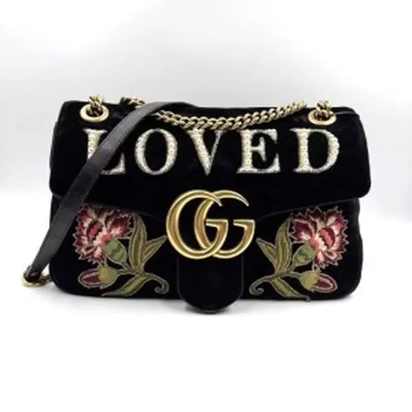 Pre-owned GUCCI As Shown Shoulder Bags US0109 Black Quilted Velvet Embroidered LOVED Shoulder Bag