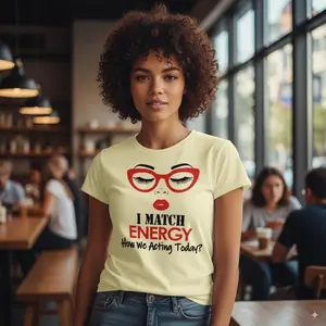 Gildan Tshirt/Comfort Colors 1pc Plus Size Casual T-Shirt with 'I Match Energy' Slogan, Crew Neck, Polyester Fabric, Medium Stretch, All-Season Alphabet Pattern Tee