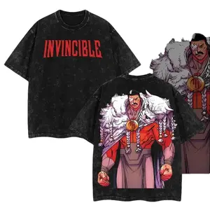 Invincible Thragg Graphic Tee Vintage Wash Oversized T-Shirt for Men Anime Streetwear Comic Book Apparel Battle Beast Pelt Print Heavyweight Cotton Short Sleeve Casual Retro Top Geek Pop Culture Gift Y2K Trendy TikTok Fashion Gym Pump Cover Tops Tshirt