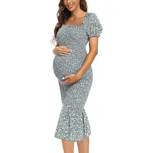 Summer Floral Midi Bodycon Maternity Dresses, Short Puff Sleeve Square Neck Ruffle Hem Mermaid Baby Shower Dress