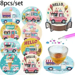 8-Piece Ice Cream Truck Diamond Painting Coasters, DIY 5D Cute Coasters with Metal Stand, Non-Slip Drink Coasters, Desktop Decor Accessories