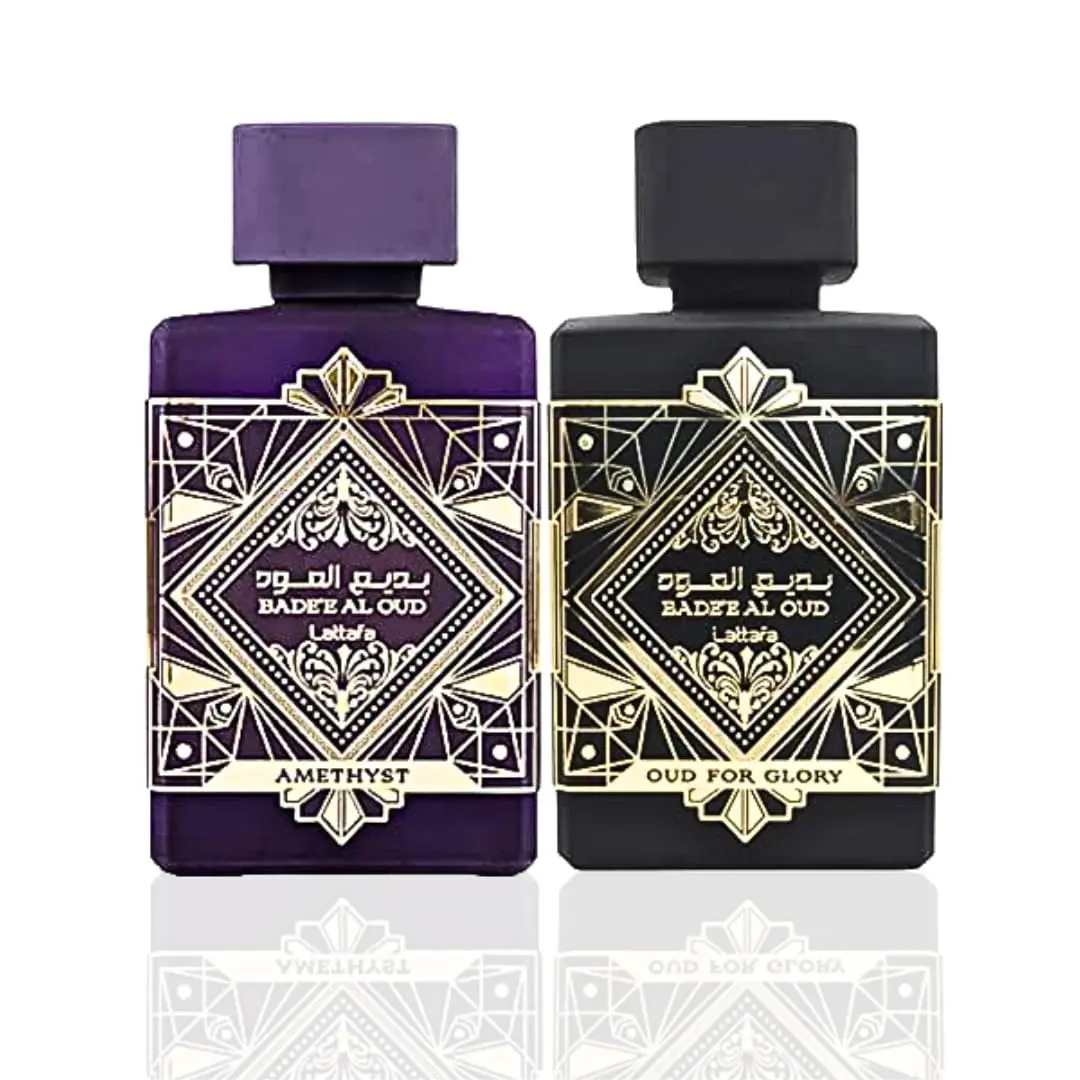 Lattafa Perfumes Bade'e Al Oud 2 Piece  for Unisex (3.4 Ounce Oud for Glory Eau de Parfum Spray + 3.4 Ounce Amethyst Eau de Parfum Spray)