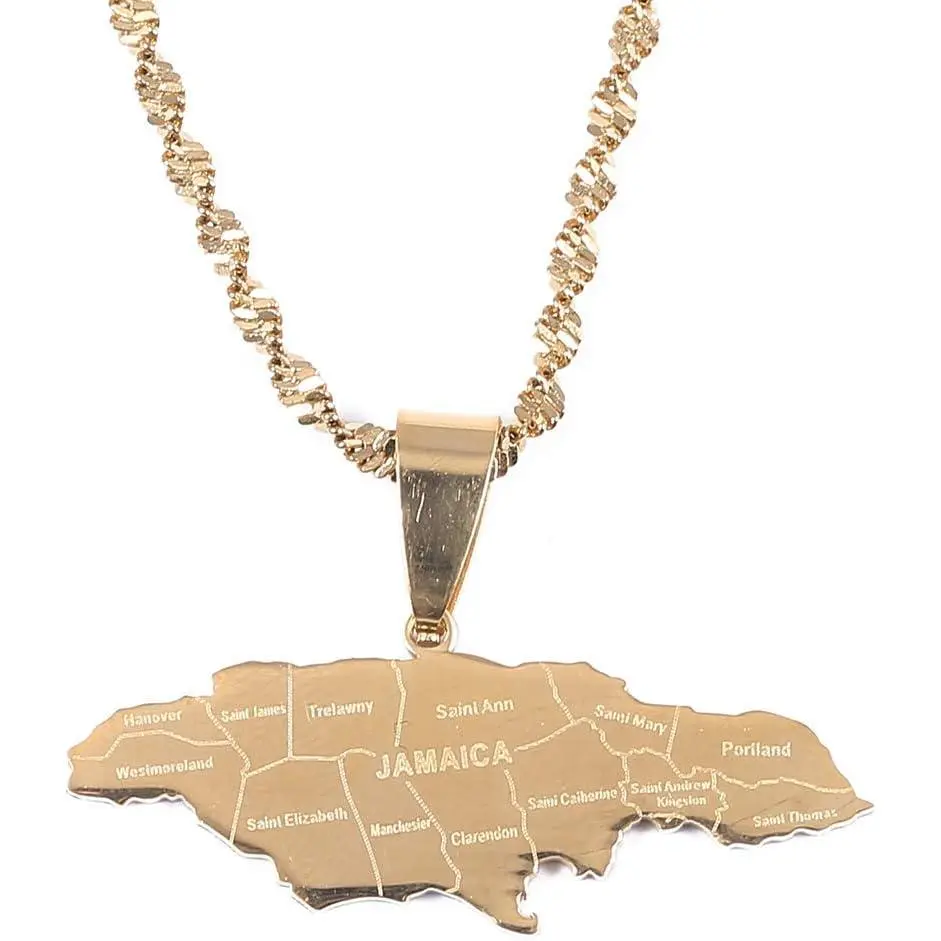 Gold Plated Jamaica Map Necklace for Women, Stainless Steel Pendant Chain, Fashion Jewelry for an Anniversary or Engagement Gift