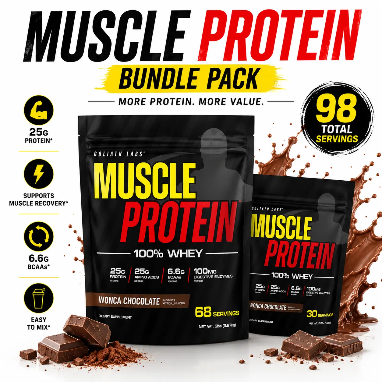 Goliath Labs Muscle Protein Bundle - 100% Whey Protein Powder for Muscle Growth, Recovery, Gym, Fitness, 25g Protein