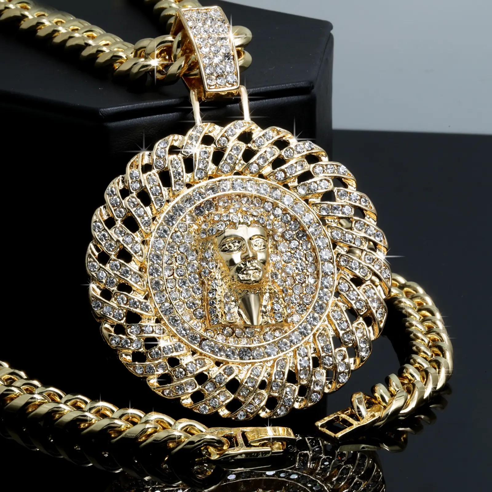 MaxBling81 Unisex Iced Gold-Plated Oversized Jesus Face CZ Religious Image Pendant Necklace - 10mm Cuban Link Chain Necklaces, Multi-Size Men's Jewelry (18in,20in,24in,30in) for Daily Wear, Men's Jewelry Necklace