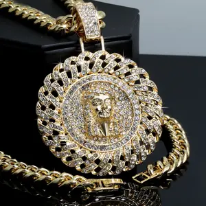 MEN'S ICED GOLD PLATED JUMBO SIZE JESUS MEDAL CZ RELIGIOUS PENDANT & 10mm 18" 20" 24" 30" CUBAN CHAIN HIP HOP NECKLACE