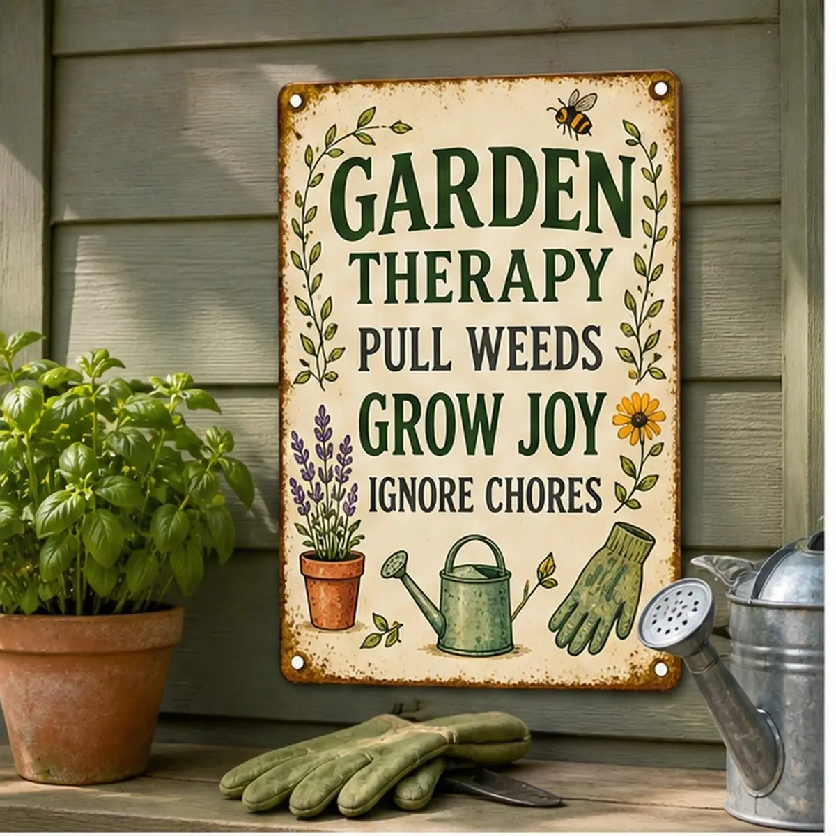 Funny Garden Therapy Sign - 8" x 12" Vintage Wall Decor, Humor Sign for Home
