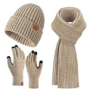 Womens Winter Beanie Hat Scarf Touchscreen Gloves Set Knit Warm Skull Caps Long Neck Scarves for Women Men
