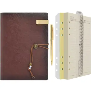 Leather Journal A5 Refillable 6 Ring Binder Notebook with Lined Paper and Pen,Writing Diary for Work Travel and Agenda Plan (A5, Brown)