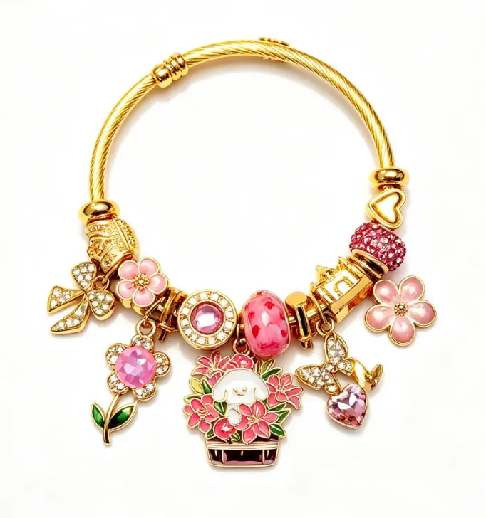 Gold Wire Charm Bangle Bracelet for Women, Pink Floral Puppy Butterfly Heart Crystal Multi Charms Open Cuff Bracelet, Stackable Fashion Pink Gold Tone Statement Jewelry for Daily Party Dating Bracelet With Charms Stacking Bangle