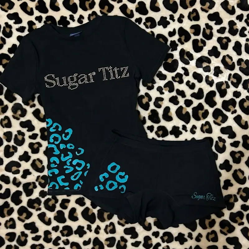 Women’s Black/Gold/teal Rhinestone + Leopard print Loungewear/streetwear two piece set.
