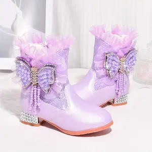 Shoes with Fleece Winter, Stylish Short Boots Girls, New Warm-Heeled Princess Shoes with Bows Days.