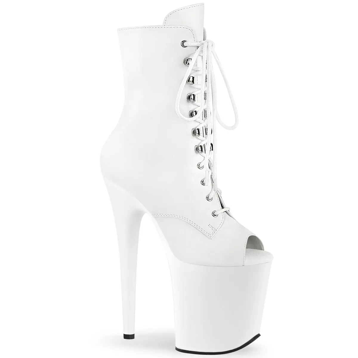 Women's White Faux Leather 8-Inch Very High Heel (Above 8 cm) Lace-Up Peep-Toe Ankle Boots with Side Zipper, Pole Dance Footwear, Statement Heeled Wedges & Flatform Shoe