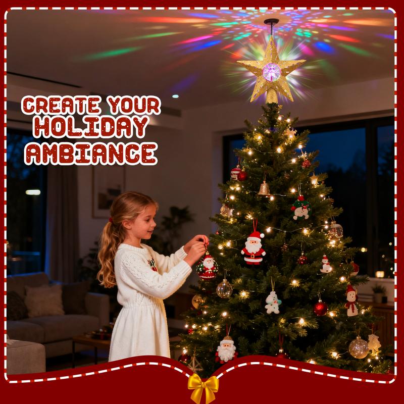 Golden Rotating Christmas Tree Topper with RGB LED Lights, 360° Spinning Diamond & Projection, Festive Tree Decoration with Power, Christmas Tree Topper with Lights, Christmas Decorations for Home Indoor, Candyland Christmas Tree Decorations