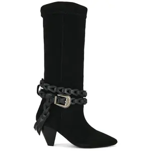 Free People Bridget Belt Slouch Boot in Black Suede