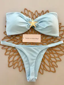 Baby Blue Starfish Bandeau Bikini Set - Elastane Over-the-Shoulder Bandeau Swim Top, 2026 Summer Fashion Beachwear Swimwear for Sports Use, Matching Bikinis Sets