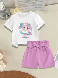 2-Piece Set, Girls' Fashionable Sweet Crew Neck Short Sleeve T-Shirt & Shorts, Featuring Dreamy Unicorn Girl Pattern Print, Cute Casual Summer Outfit