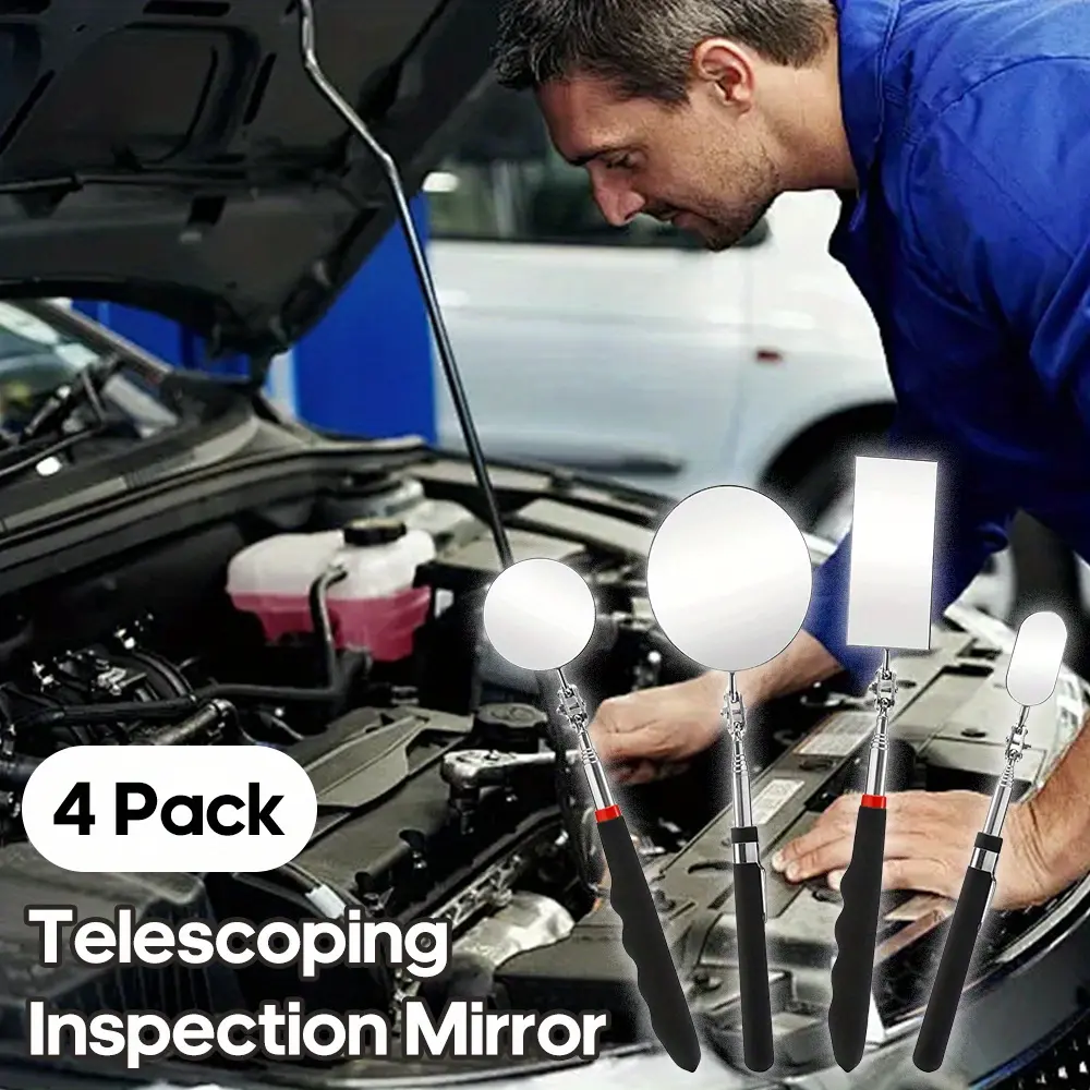 4pcs Universal Black Undercarriage Inspection Mirror, Extendable Telescopic Handle with 360° Rotatable Round Glass, Repair Tool
