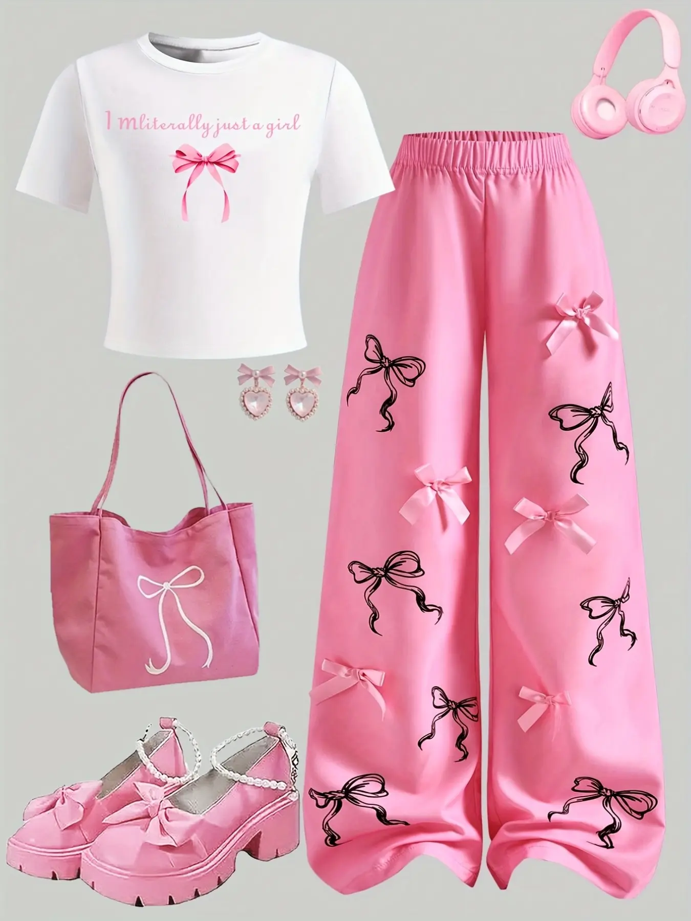 Girls' 2-Piece Set, Letter Print T-Shirt & Bow Wide Leg Pants, Casual Fitted Suit, Suitable for Daily Wear, Ages 3+