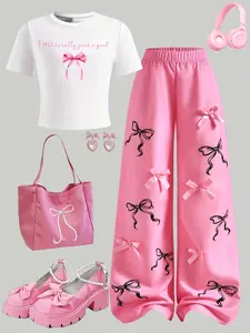 Girls' 2-Piece Set, Letter Print T-Shirt & Bow Wide Leg Pants, Casual Fitted Suit, Suitable for Daily Wear, Ages 3+