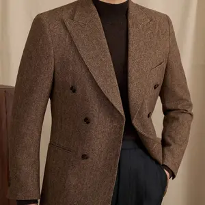 Menswear Tailored Wool-Blend Polyester Herringbone Double-Breasted Formal Suit for Asian Men, with Pocket