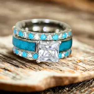 3pcs Women’s Engagement Ring Set – Simple with Blue Turquoise, Fashion Jewelry for Daily Wear, Anniversary Jewelry for Her, Valentine's Day, Mother's Day Gifts, Weding Rings Set