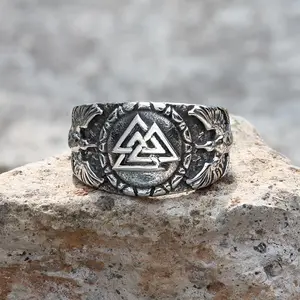 GTHIC Stainless Steel Valknut Raven Viking Ring For Men Biker Rider Daily Wear