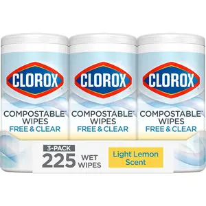 Free & Clear Compostable Cleaning Wipes, Light Lemon Scent, 75 Count, Pack of 3 (Pack May Vary)