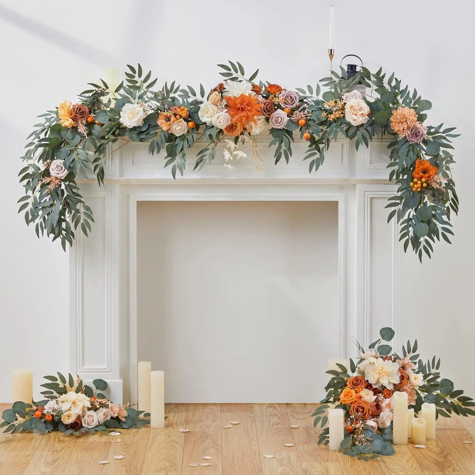 5.9 ft Hangable Natural Artificial Silk Eucalyptus-Willow Garland with Orange-Brown Roses, Fruit Ornaments, Decorative Flower Runners for Home, Party, Western Wedding Decor (Table Centerpiece Supply)