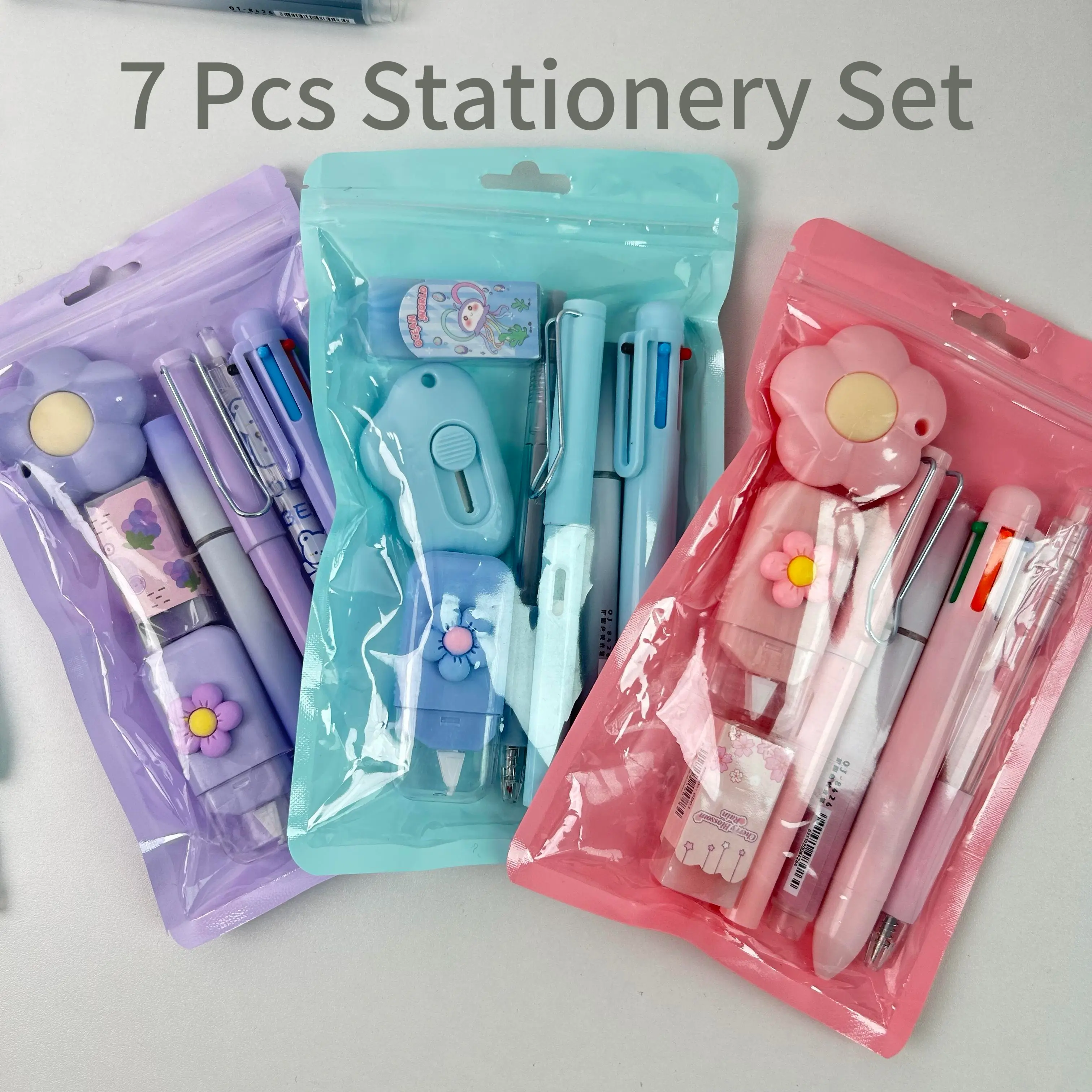 7 Pcs Blue Kawaii Stationery Set for School & Office, Cute Writing Supplies Pencil Highlighter Eraser Correction Tape Utility Knife, Aesthetic Desk Decor Gift for Girls Boys Teens