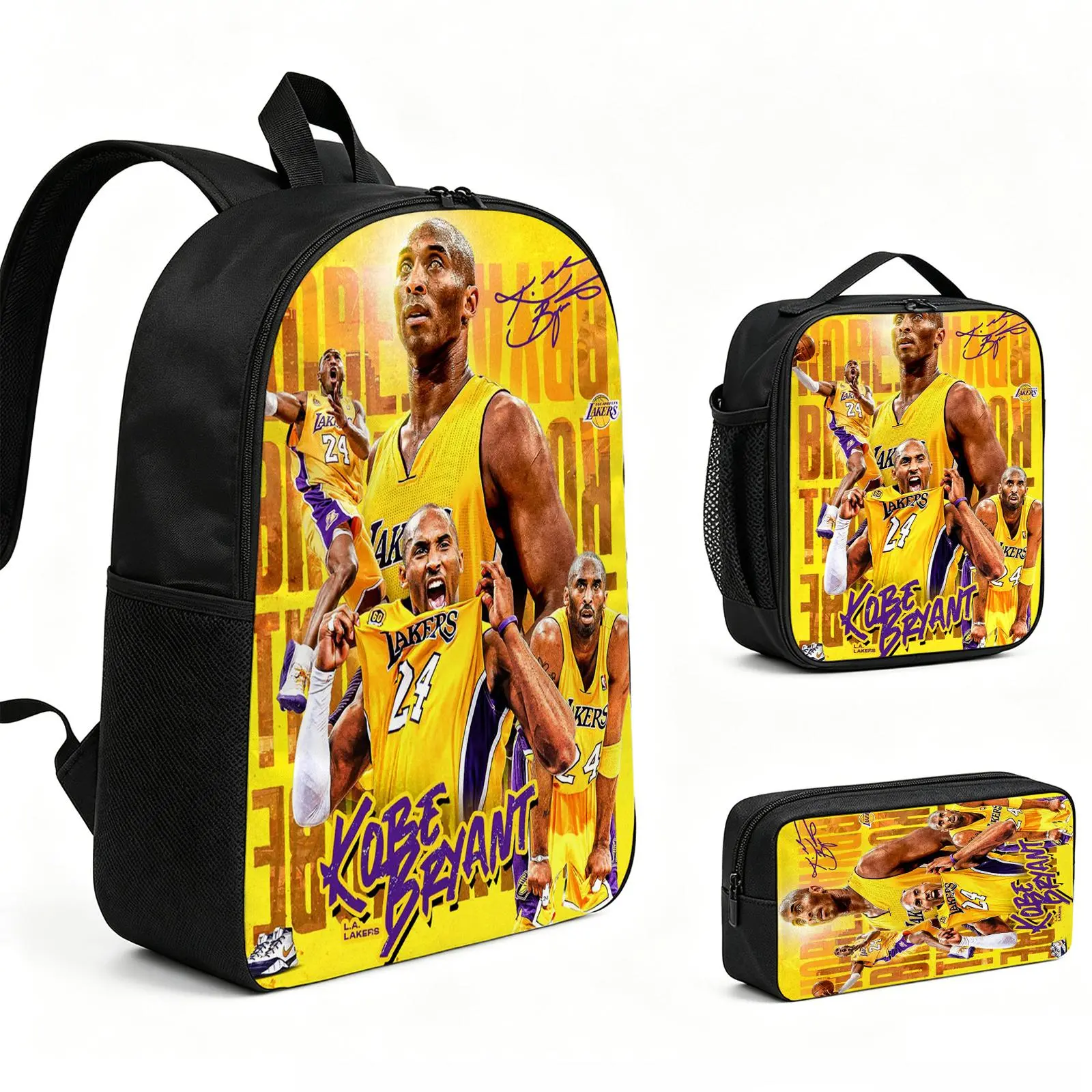 Kobe Bryant Backpack 3pcs Set with Vibrant Print, Durable School Bookbag with Insulated Lunch Tote and Pencil Bag for Teens Boys Girls, Multi-Functional Laptop Travel Daypack Gift for Kids L-80