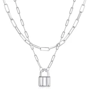 14K Gold Plated Lock Necklace for Women Paperclip Link Chain Padlock Necklace Non-Tarnish