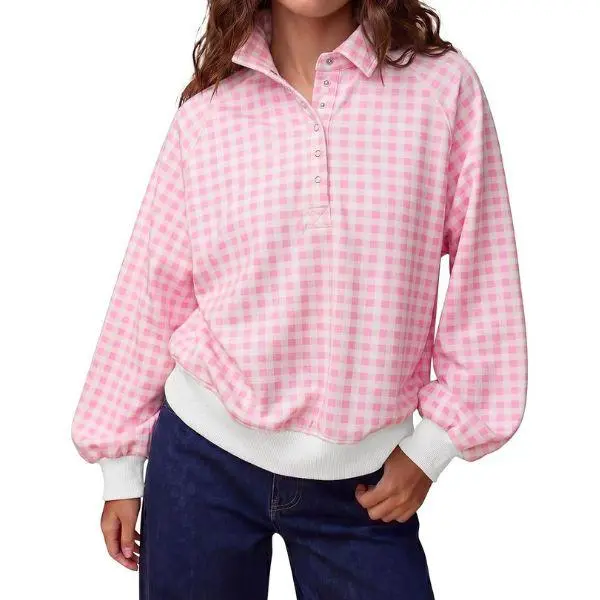Fisoew Womens Oversized Sweatshirts Casual Long Sleeve Gingham Quarter Snap Stand Collar Loose Pullover Tops