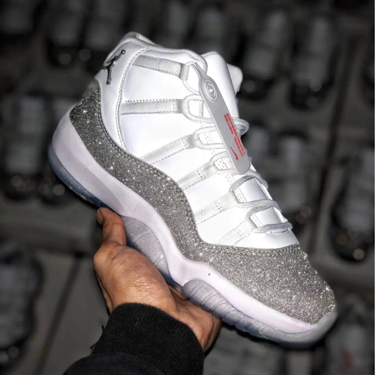 Creamy off-white silver glitter patent mesh high-top retro basketball sneakers featuring scuff-proof dual-tone milky white off-white layered translucent rubber outsoles, tear-resistant sweat-wicking soft perforated patent mesh leather construction