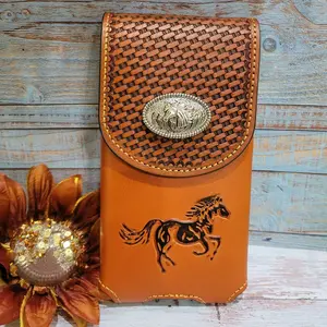 Horse Leather Phone Belt Holster Embossed basket weave with concho 7x3.75 inches magnetic closure over the belt phone case