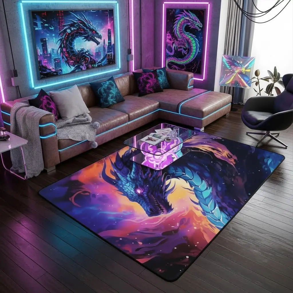Dragon Mat Rug for Living Room Bedroom,Cool Dragon Watercolor Soft Cozy Carpet Starry Galaxy Games Decor Floor Mat Wild Animal Art Painting Room Decorative Rug Men,3x5