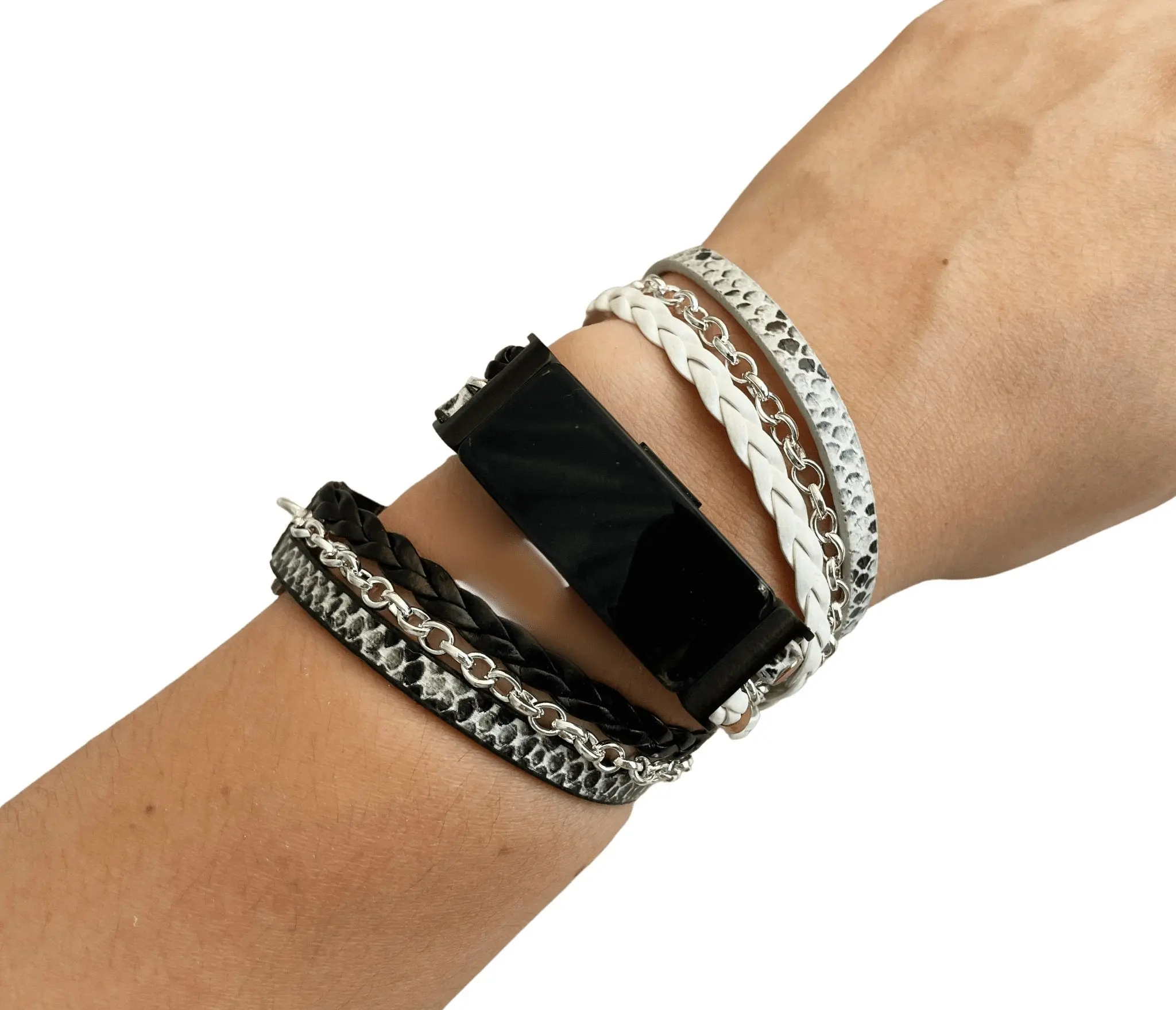 Boho Chic White and Black Snakeskin Leather Wrap Watch Band for Fitbit Luxe