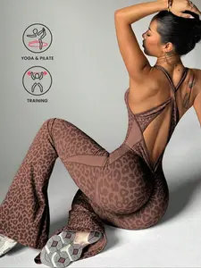 Women's Leopard Print Yoga Jumpsuit, Cross Strap Design, Long Sleeve Slim Fit, Casual Fashion for All Seasons, Comfortable Wear at Home, Workout Jumpsuit, Sporty Comfy Jumpsuit, Sportswear Jumpsuits