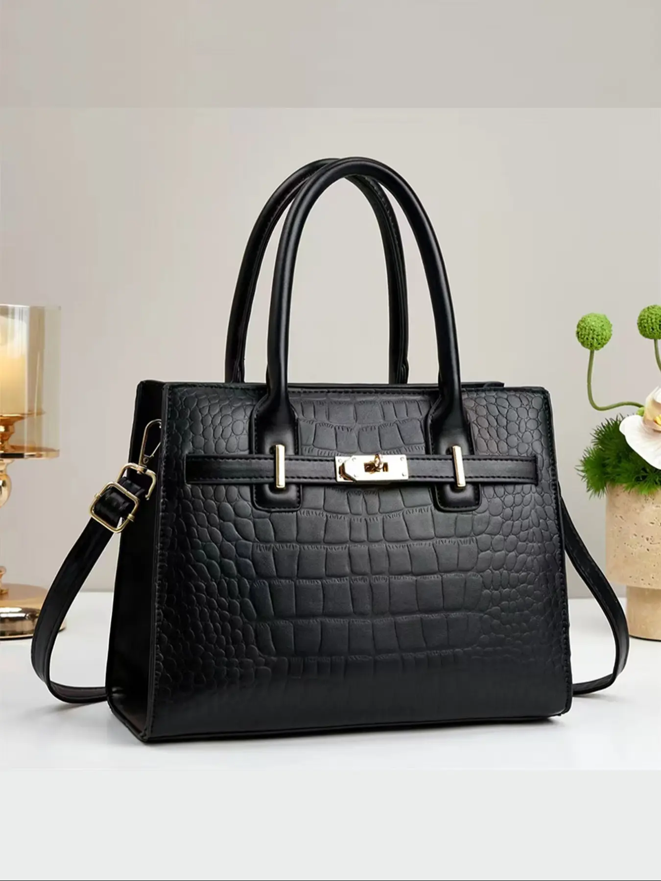 Women's Fashionable Crocodile Embossed Tote Bag & Wristlet & Coin Purse, Large Capacity Glossy Faux Leather Handbag with Shoulder Strap, Casual Versatile Bag Set for Daily Used