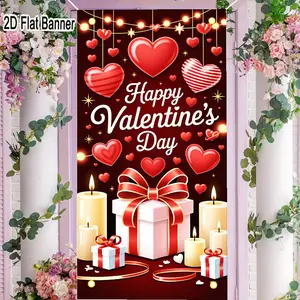 2D flat banner, 1pcValentine's Day Gift Box Backdrop, Red Ribbon Heart Party Decorations for Romantic Celebration, White Heart Candle Scene for TikTok Video Background