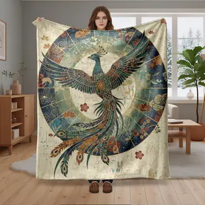 1Pc Auspicious Mythical Phoenix Pattern Flannel Fleece Blanket, Super Soft Cozy Warm Throw for Bed, Couch, Living Room, Bedroom, Office Nap, Travel, Camping, Picnic, Perfect Gift for Adults.