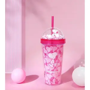 Snoopy Double-Wall Bubble Lid Tumbler Cup,20OZ Cute Peanuts Gang Water Bottle,Light Weight Drinking Cup Suitable Drinkware Round with Straws,Suitable for School, Office, Travel(1pc)